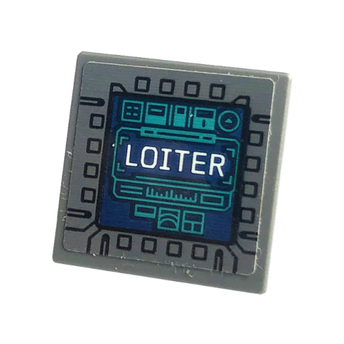 Деталь LEGO 15210pb147 Road Sign 2 x 2 Square with Open O Clip with Display Screen with White 'LOITER' and Dark Turquoise Diagrams Pattern (Sticker) - Set 76240