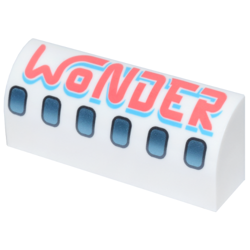 Деталь LEGO 6191pb040 Slope, Curved 1 x 4 x 1 1/3 with Dark Silver and Metallic Light Blue Airplane Windows, Coral and Medium Azure 'WONDER' Pattern