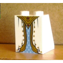 Slope 65 2 x 2 x 2 with Bottom Tube with Minifigure Dress / Skirt / Robe, Layered with Medium Blue Panel and Gold Belt and Sash Pattern Slope 65 2 x 2 x 2 with Bottom Tube with Minifigure Dress / Skirt / Robe, Layered with Medium Blue Panel and Gold Belt and Sash Pattern