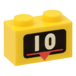 Brick 1 x 2 with White Number 10 and Red Triangle Marker on Black Background Pattern Brick 1 x 2 with White Number 10 and Red Triangle Marker on Black Background Pattern