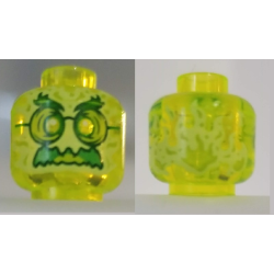 Minifigure, Head Alien Ghost with Yellowish Green Face, Bushy Eyebrows, Glasses, Angry and Flames in Back Pattern
