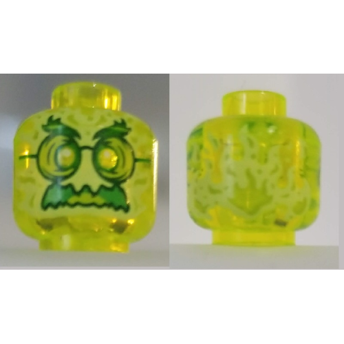 Деталь LEGO 3626pb2493 Minifigure, Head Alien Ghost with Yellowish Green Face, Bushy Eyebrows, Glasses, Angry and Flames in Back Pattern