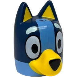 Minifigure, Head, Modified Dog (Cattle) with Straight Ears, Hole on Top with Molded Dark Blue Top and Yellow Muzzle and Auricles and Printed Eyes, Light Aqua Eyebrows, Medium Blue Markings, Black Nose Pattern