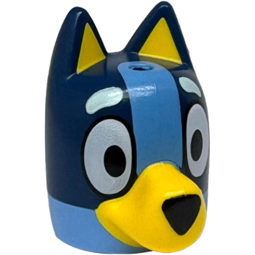 Деталь LEGO 109806pb03 Minifigure, Head, Modified Dog (Cattle) with Straight Ears, Hole on Top with Molded Dark Blue Top and Yellow Muzzle and Auricles and Printed Eyes, Light Aqua Eyebrows, Medium Blue Markings, Black Nose Pattern