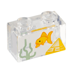 Brick 1 x 2 without Bottom Tube with Fish Tank with Goldfish, Sand Green Seaweed and Yellow Pyramid Pattern