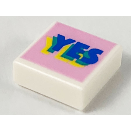 Деталь LEGO 3070pb150 Tile 1 x 1 with Blue, Green, and Yellow Layered 'YES' on Bright Pink Background Pattern