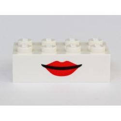 Brick 2 x 4 with Mouth with Red Lips Grin / Open Mouth Smile with Teeth on Opposite Sides Pattern