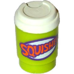 Minifigure, Utensil Cup, Take Out Cup without Top Hole with White Lid and Dark Purple and Orange 'SQUISHEE' Pattern