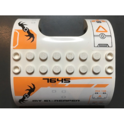 Деталь LEGO 54096pb03 Slope, Curved 8 x 8 x 2 Double with Cutout with '7645 MT 61-REAPER', Danger Sign and Orange Markings Pattern (Stickers) - Set 7645