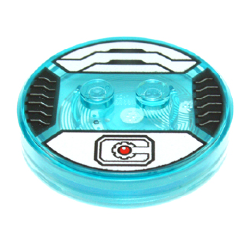 Деталь LEGO 18605c01pb20 Dimensions Toy Tag 4 x 4 x 2/3 with 2 Studs and Trans-Light Blue Bottom with Red Circle, Stylized Black 'C', and Armor Plating on Silver Background Pattern (Cyborg)
