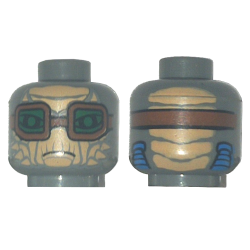 Minifigure, Head Alien SW Weequay with Nougat Face, Large Eyes, Reddish Brown Goggles with Green Lenses, Frown, Blue Tubes on Back Pattern