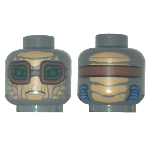 Деталь LEGO 3626pb0393 Minifigure, Head Alien SW Weequay with Nougat Face, Large Eyes, Reddish Brown Goggles with Green Lenses, Frown, Blue Tubes on Back Pattern