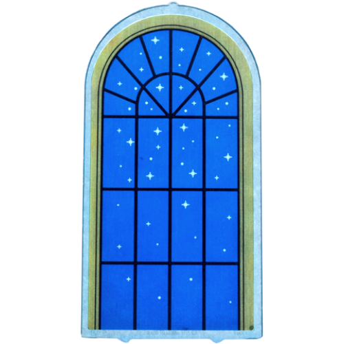 Деталь LEGO 65066pb15 Glass for Door Frame 1 x 6 x 7 Arched with Notches and Rounded Pillars with Window Gold Frame, Black Lattice, Blue Sky and White Sparkles Pattern (Sticker) - Set 43263