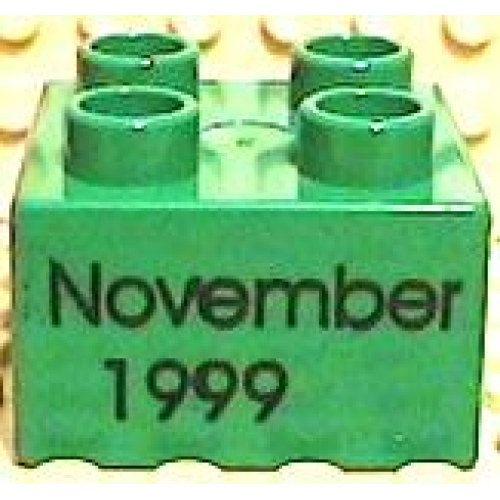 Деталь LEGO 3437pb037 Duplo, Brick 2 x 2 with Black 'November 1999' Pattern - Green