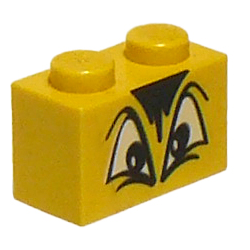 Brick 1 x 2 with Black and White Angry Eyes and Black Hair Pattern - Yellow