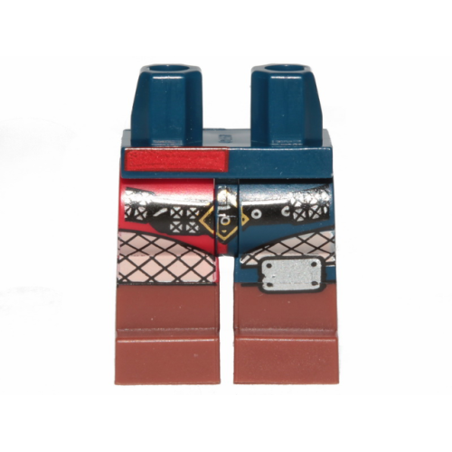 Деталь LEGO 970d44pb01 Hips and 1 Dark Blue Left Leg, 1 Red Right Leg with Reddish Brown Boots, Black Belt with Silver Rivets, White Fishnet Stockings and Knee Pad Pattern