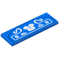 Tile 2 x 6 with Store Sign with White Shirt, Shoe, Hat, Buttons in Filigree and Dark Blue Border Pattern