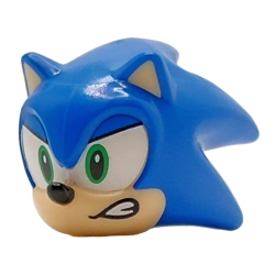 Minifigure, Head, Modified Hedgehog, Sonic with Molded Light Nougat Face and Inner Ears and Printed Bright Green Eyes on White Background, Blue Eyelids, Black Nose and Open Mouth Smirk with Teeth to Left Pattern