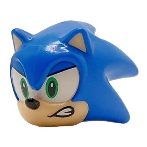 Деталь LEGO 27456pb05 Minifigure, Head, Modified Hedgehog, Sonic with Molded Light Nougat Face and Inner Ears and Printed Bright Green Eyes on White Background, Blue Eyelids, Black Nose and Open Mouth Smirk with Teeth to Left Pattern