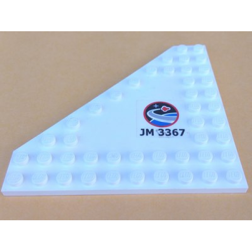 Деталь LEGO 92584pb001L Wedge, Plate 10 x 10 Cut Corner with no Studs in Center with Space Center Logo and 'JM 3367' Pattern Model Left Side (Sticker) - Set 3367