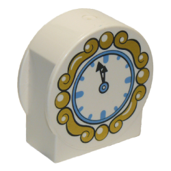 Duplo, Brick 1 x 2 x 2 Round Top, Cut Away Sides with Clock Face with Black Hands, Medium Blue Bezel, and Ornate Gold Frame Pattern Duplo, Brick 1 x 2 x 2 Round Top, Cut Away Sides with Clock Face with Black Hands, Medium Blue Bezel, and Ornate Gold Frame Pattern