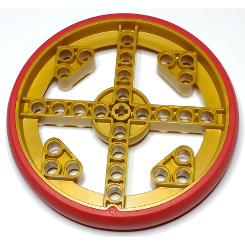 Деталь LEGO 49295pb03 Wheel 88 x 14 Technic with Axle Hole and 28 Pin Holes with Molded Red Hard Rubber Tire Pattern