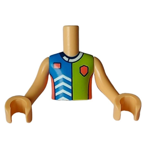 Деталь LEGO FTBpb096c01 Torso Mini Doll Boy Blue, Lime, and Coral Sports Uniform Shirt with White Chevrons and Collar, Dark Blue Number 3 on Back Pattern, Medium Tan Arms with Hands