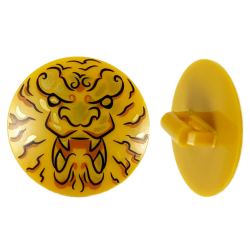 Minifigure, Shield Circular / Round Convex Face with Black and Gold Ninjago Lion Head Pattern Minifigure, Shield Circular / Round Convex Face with Black and Gold Ninjago Lion Head Pattern