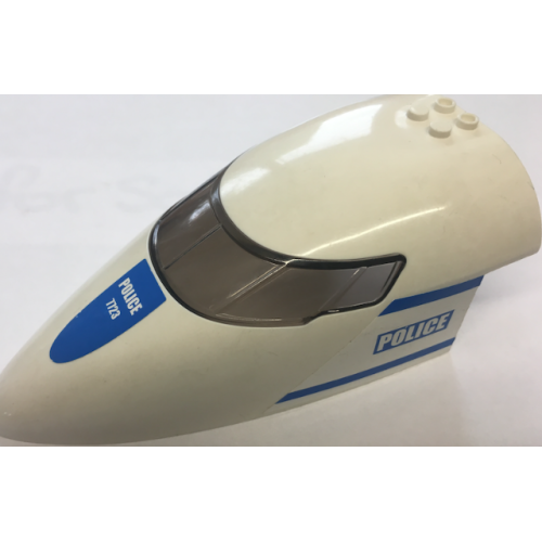 Деталь LEGO 54092c01pb04 Aircraft Fuselage Forward Top Curved 8 x 16 x 5 with Trans-Brown Glass with Blue 'POLICE' and Stripes Pattern on Both Sides (Stickers) - Set 7723