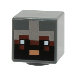 Minifigure, Head, Modified Cube with Pixelated Reddish Brown Face, Black Eyes and Beard, Nougat Mouth and Silver Armor Pattern (Minecraft Netherite Knight)