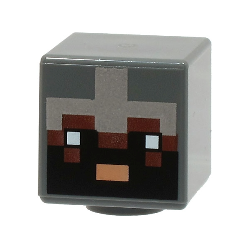 Деталь LEGO 19729pb069 Minifigure, Head, Modified Cube with Pixelated Reddish Brown Face, Black Eyes and Beard, Nougat Mouth and Silver Armor Pattern (Minecraft Netherite Knight)