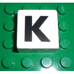 Duplo, Tile 2 x 2 x 1 with Black Capital Letter K Pattern Duplo, Tile 2 x 2 x 1 with Black Capital Letter K Pattern
