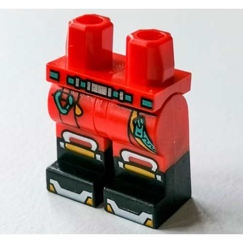 Деталь LEGO 970c00pb1328 Hips and Legs with Molded Black Lower Legs / Boots and Printed Dark Turquoise Belt, Carabiner Clip, and Zipper, White Knee Pads Pattern