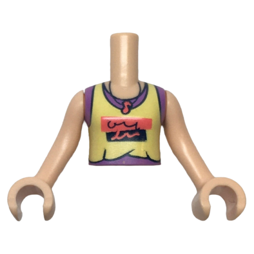 Деталь LEGO FTGpb451c01 Torso Mini Doll Girl Bright Light Yellow Tank Top over Medium Lavender Sleeveless Shirt, Black and Coral Panels and Music Note Necklace Pattern, Light Nougat Arms with Hands