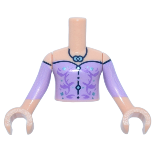 Деталь LEGO FTGpb537c01 Torso Mini Doll Girl Lavender Off the Shoulder Top, Medium Lavender Filigree, Dark Blue Trim and Necklace, Metallic Light Blue Pendant Pattern, Light Nougat Arms with Hands with Lavender Sleeves