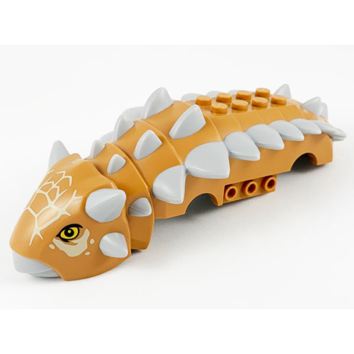 Деталь LEGO 67586pb01 Dinosaur Body Ankylosaurus with Light Bluish Gray Beak and Spikes, Tan Markings and Yellow Eyes Pattern