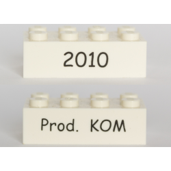 Brick 2 x 4 with Black '2010' and 'Prod. KOM' Pattern on Opposite Sides (Kornmarken Factory Tour)