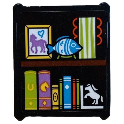 Деталь LEGO 51266pb016 Glass for Window 1 x 3 x 3 Flat Front with Book End with Pony, Books, Fish, Painting Pattern (Sticker) - Set 42654