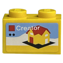 Brick 1 x 2 with LEGO Creator Set Box Art, Yellow House with Red Roof and Door on Black Baseplate Pattern (Sticker) - Sets 40145 / 40305 and Gear 40359 Brick 1 x 2 with LEGO Creator Set Box Art, Yellow House with Red Roof and Door on Black Baseplate Pattern (Sticker) - Sets 40145 / 40305 and Gear 40359