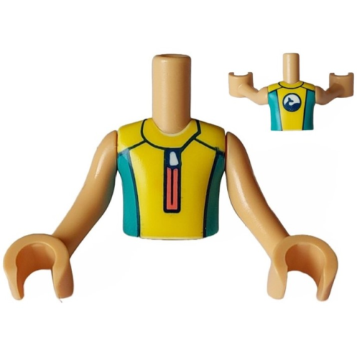 Деталь LEGO FTBpb098c01 Torso Mini Doll Boy Yellow and Dark Turquoise Wetsuit with Coral Zipper and Dolphin / Whale Logo on Back Pattern, Medium Tan Arms with Hands