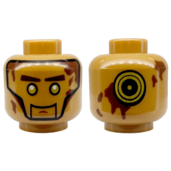 Minifigure, Head Alien with Gold Eyes, Reddish Brown Eyebrows and Splotches, Gold and Black Concentric Circles on Back Pattern