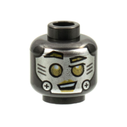 Minifigure, Head Alien Robot with Silver Face, Screws on Cheeks, and Gold Eyes, Eyebrows, and Lips Pattern