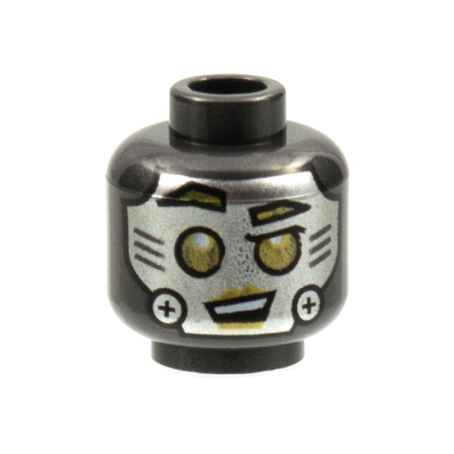 Деталь LEGO 3626pb2821 Minifigure, Head Alien Robot with Silver Face, Screws on Cheeks, and Gold Eyes, Eyebrows, and Lips Pattern