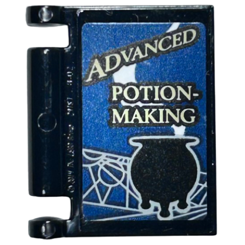 Деталь LEGO 24093pb050 Minifigure, Utensil Book Cover with 'ADVANCED POTION-MAKING' and Black Smoking Cauldron on Dark Blue Background Pattern (Sticker) - Set 76399