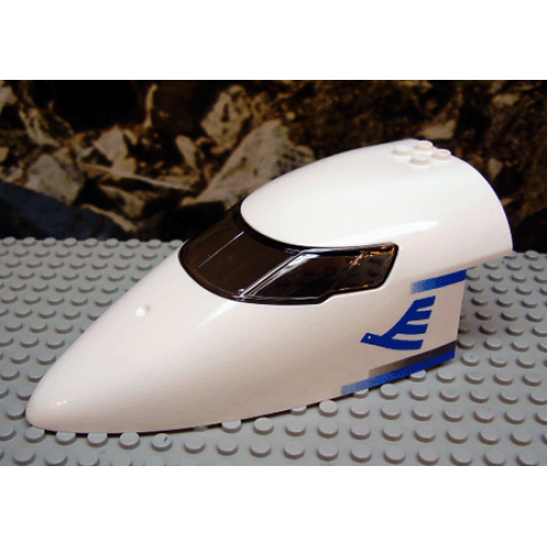 Деталь LEGO 54092c01pb01 Aircraft Fuselage Forward Top Curved 8 x 16 x 5 with Trans-Brown Glass with Blue Airline Bird and Stripes Pattern