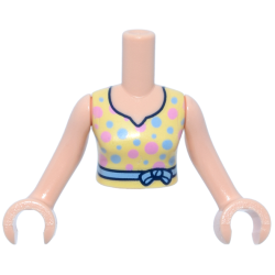 Torso Mini Doll Woman Bright Light Yellow Dress Top, Black Trim, Bright Light Blue and Bright Pink Dots, Belt with Bow Pattern, Light Nougat Arms with Hands