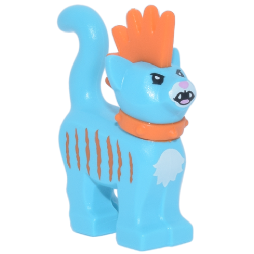 Деталь LEGO 39742pb04 Cat, Standing with Molded Orange Spiky Mohawk and Collar and Printed Stripes, White Muzzle and Chest, Bright Pink Nose, Open Mouth with Fangs Pattern (Mo)