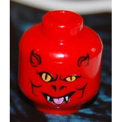 Minifigure, Head Alien Devil with Horns, Yellow Eyes, White Fangs, and Bright Pink Tongue Pattern