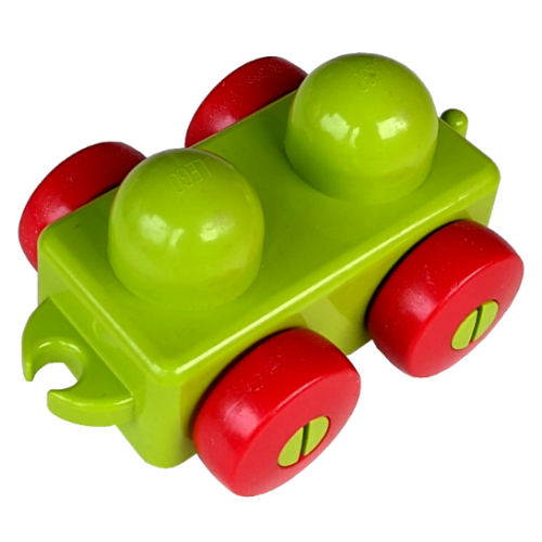 Деталь LEGO 31605c02 Primo Vehicle Wagon with Tow Hitches and Red Wheels - Lime