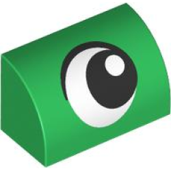 Slope, Curved 1 x 2 with Bottom Stud Holder with Black and White Eye Looking Left Pattern - Green Slope, Curved 1 x 2 with Bottom Stud Holder with Black and White Eye Looking Left Pattern - Green